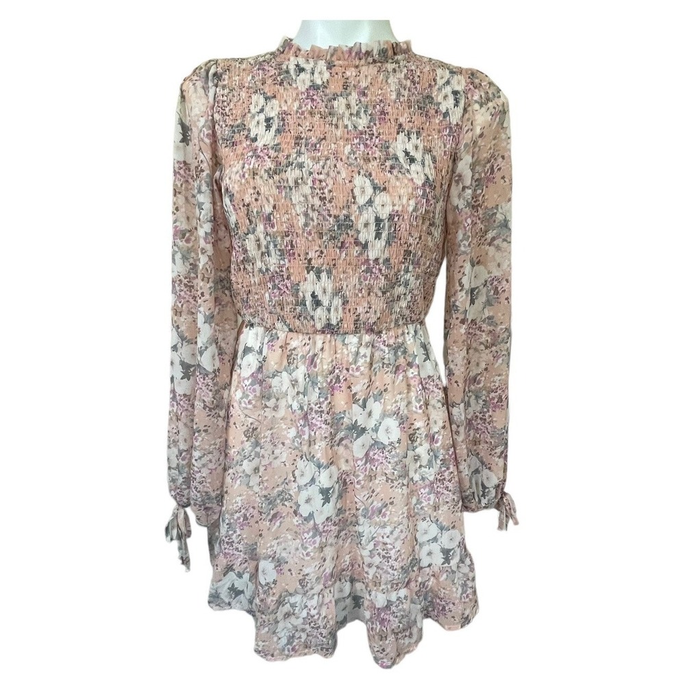 Peach Love California Floral Smocked Mock Neck Mini Dress Pink Womens Size M